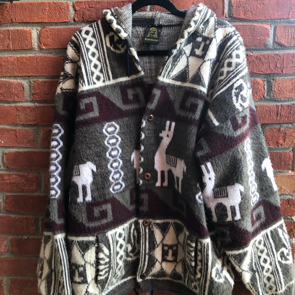 Tedijos Ruminahui Wool Alpaca Aztec Native Tribal Cardigan Sweater Hooded